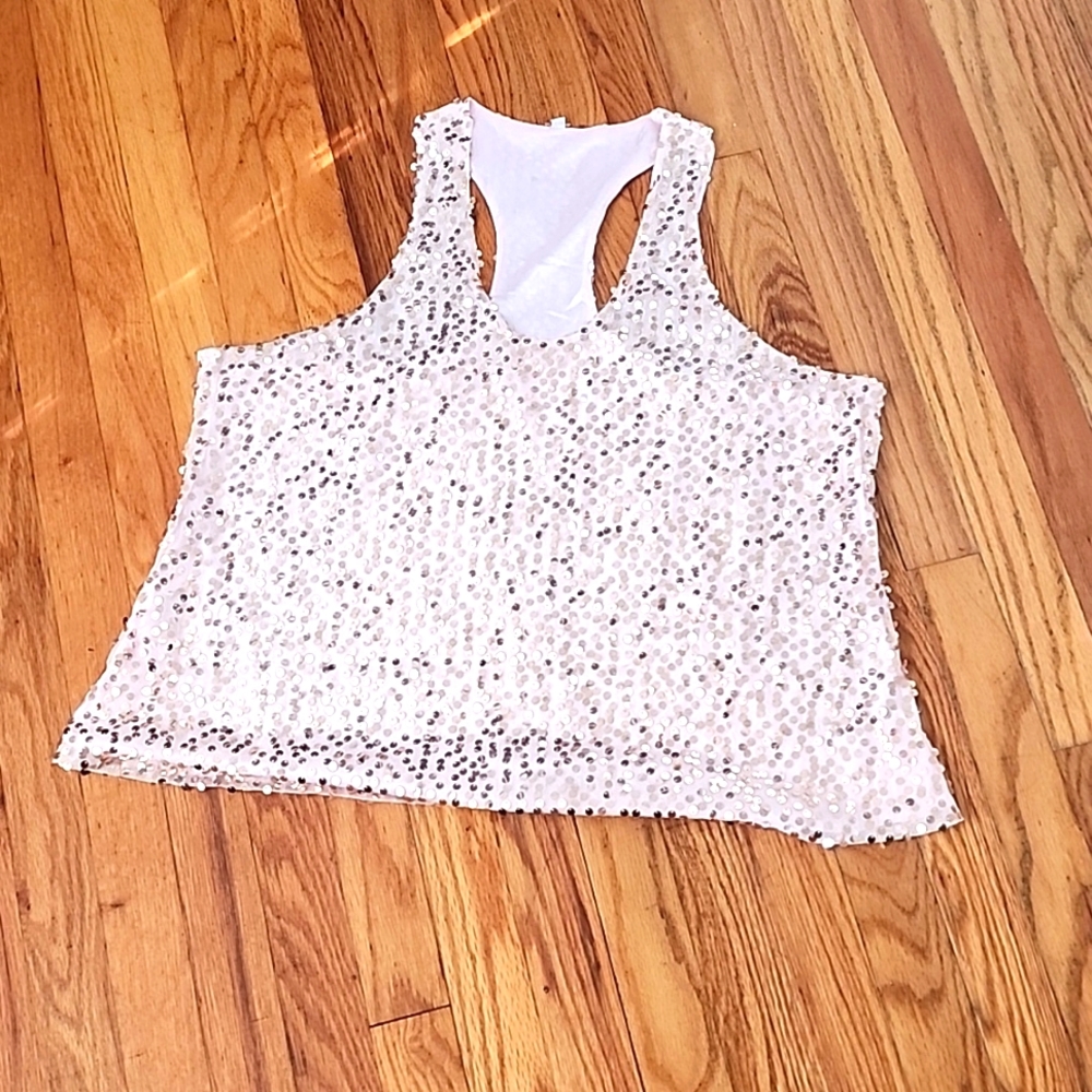 Women Clubwear Sequin V Neck Sleeveless Top Light Pink Gold Size 2XL Like XL